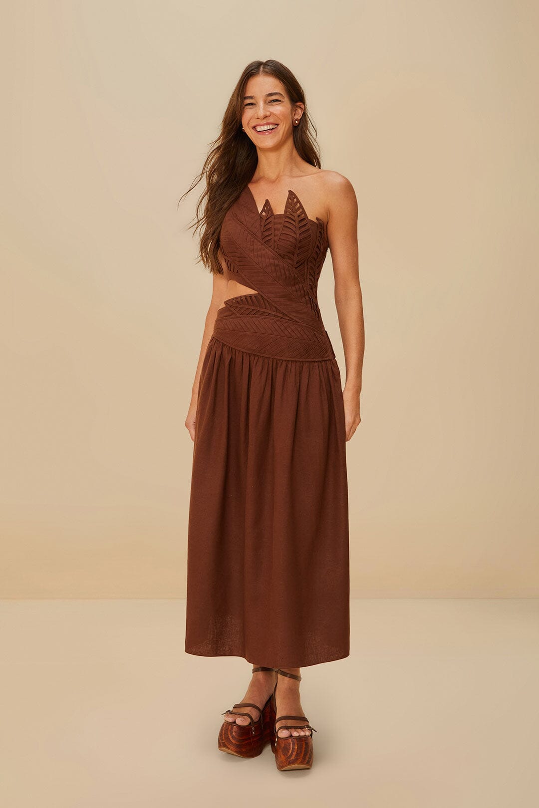 Burgundy Leaf-Cut Midi Dress | EcoVero & Euroflax Fabric