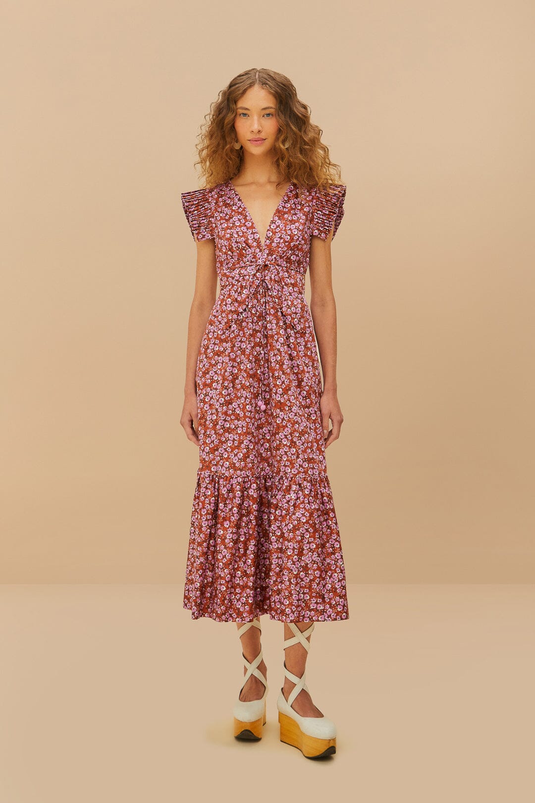 Brown Butterfly Print Midi Dress for Women