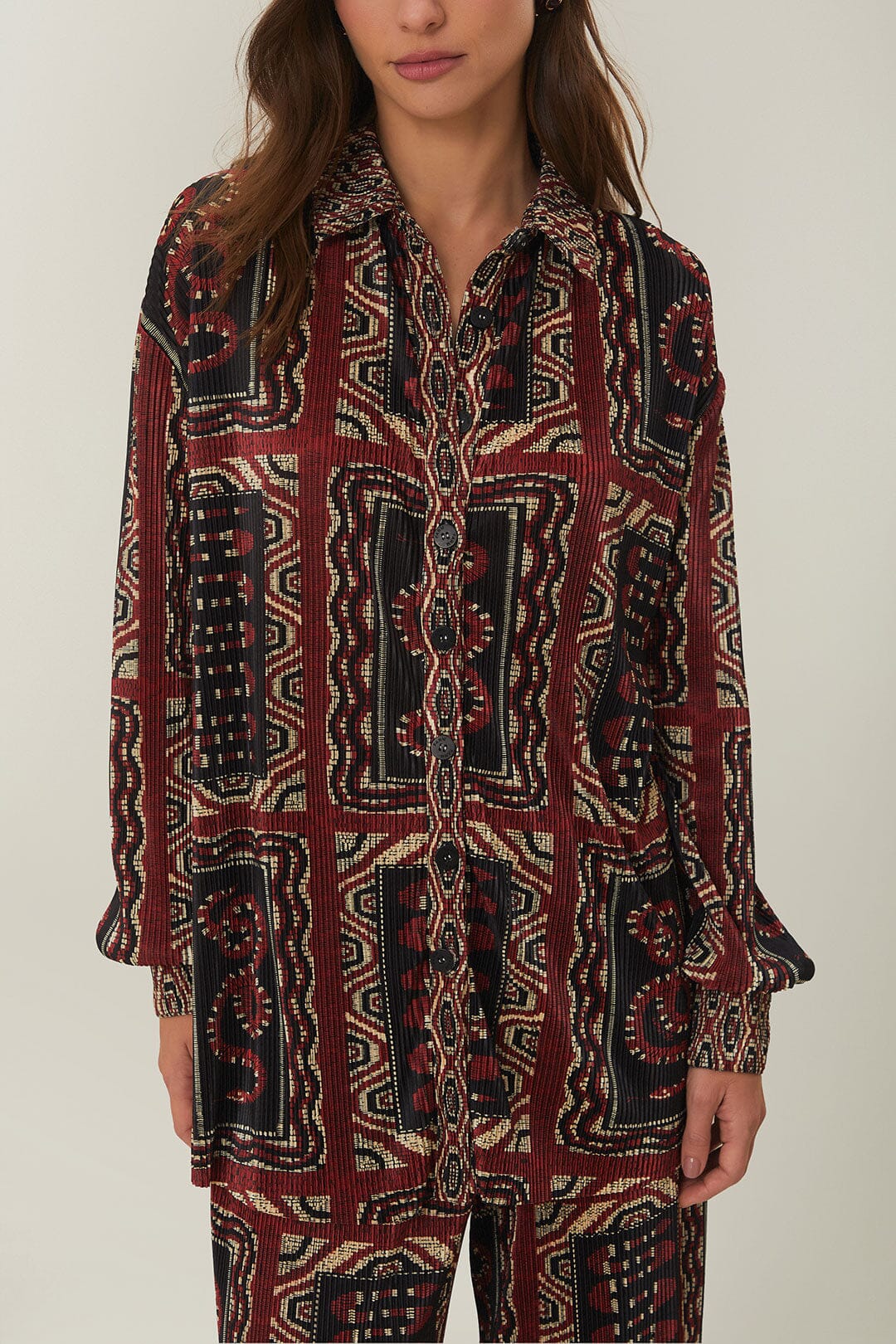 Black Pleated Shirt with Snake Print Scarf