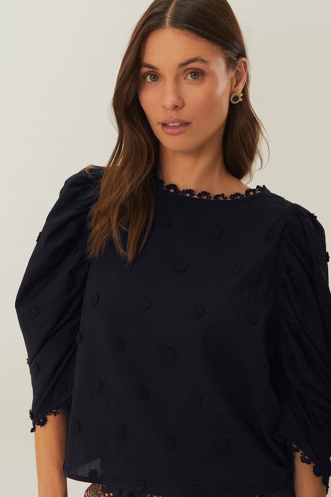 3D Floral Print Black Blouse for Women