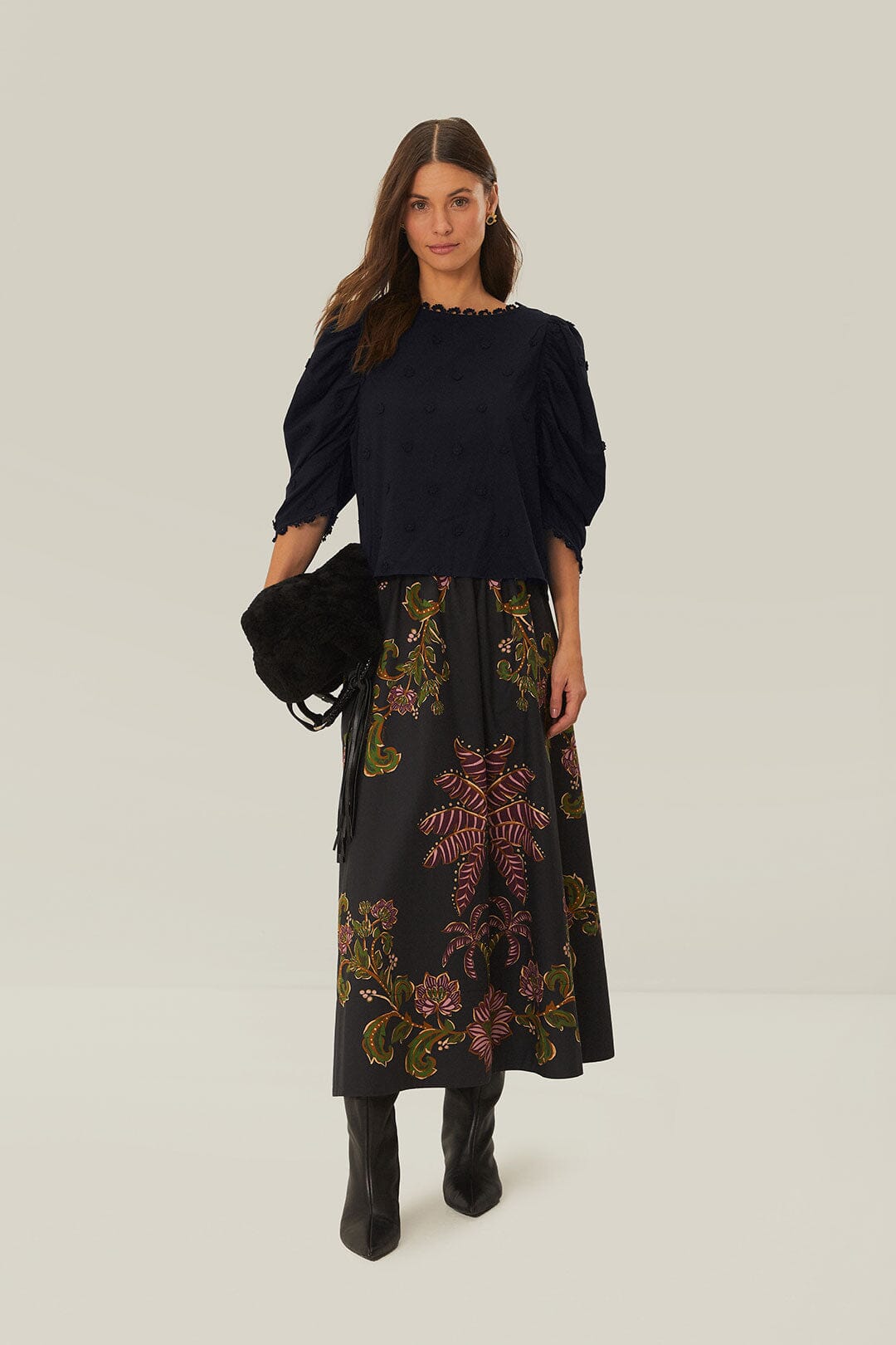 3D Floral Print Black Blouse for Women