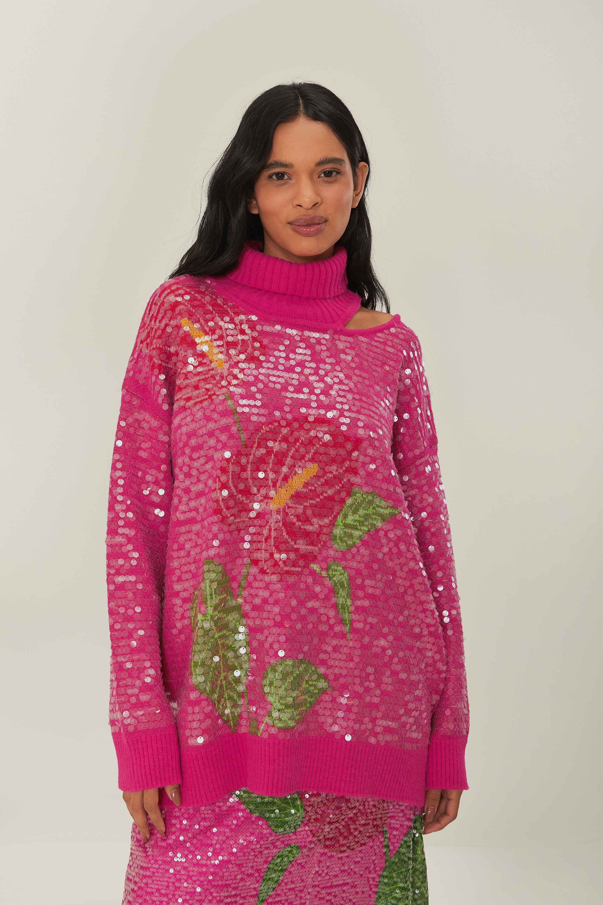 Anthurium Print Knit Sweater for Women