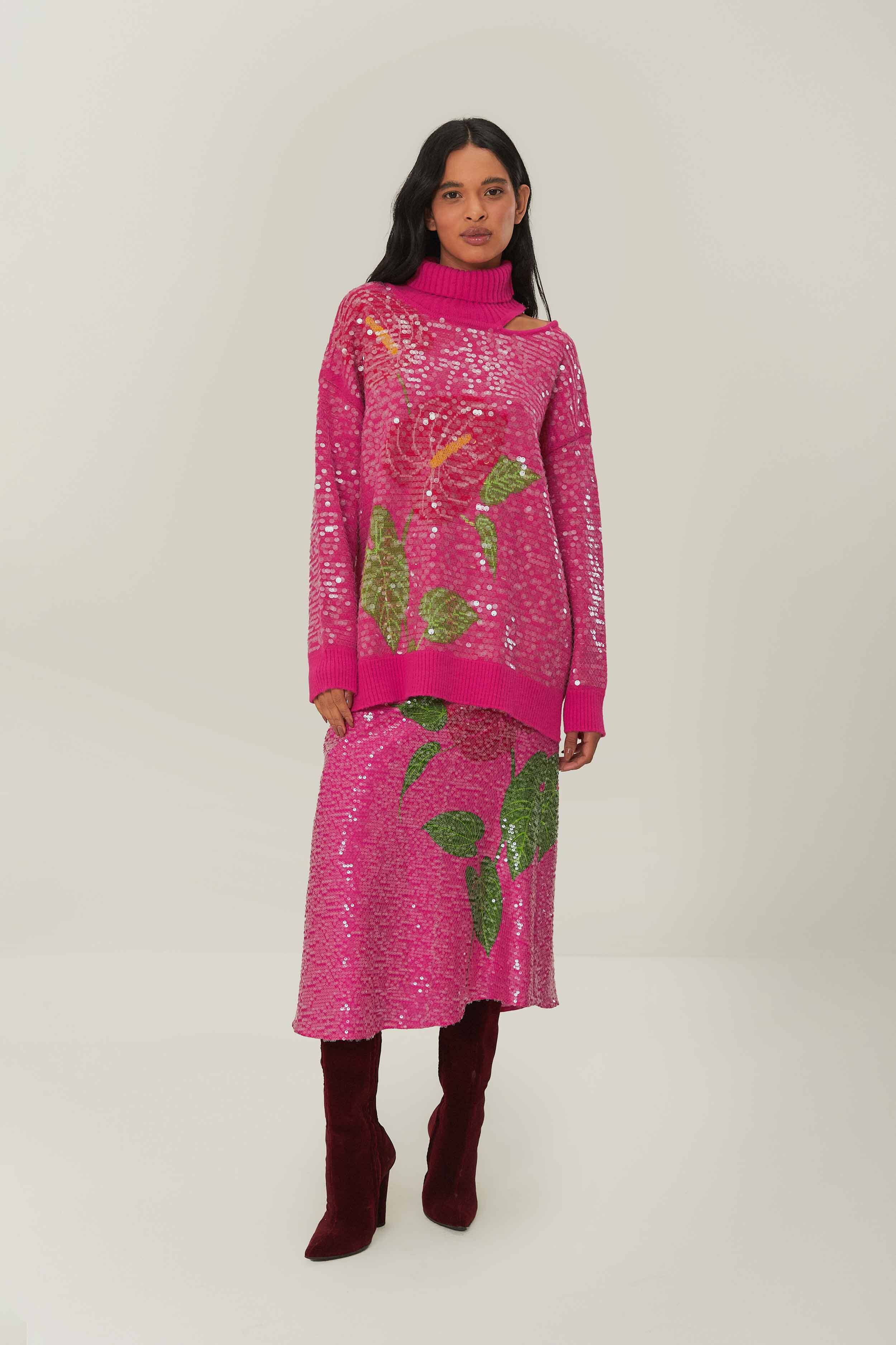 Anthurium Print Knit Sweater for Women