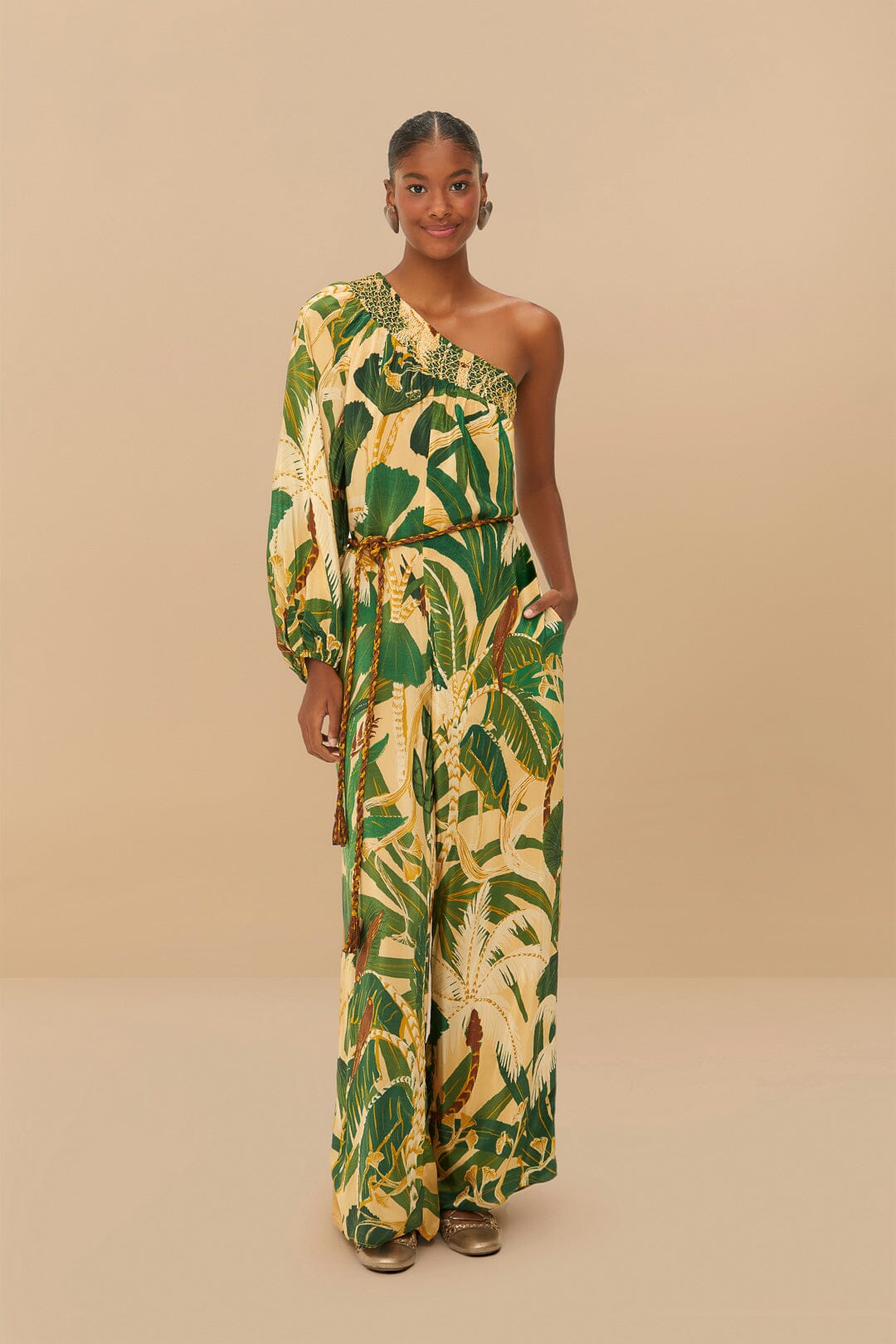 Beige One-Shoulder Tropical Jumpsuit