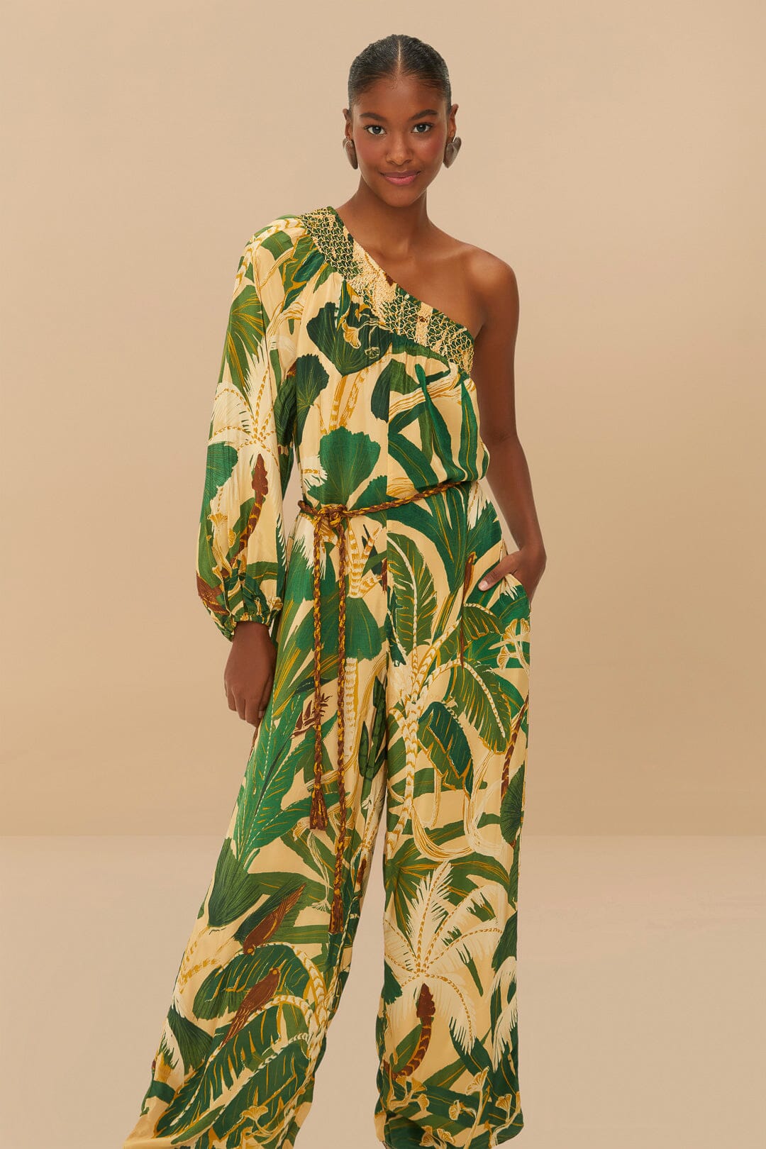 Beige One-Shoulder Tropical Jumpsuit