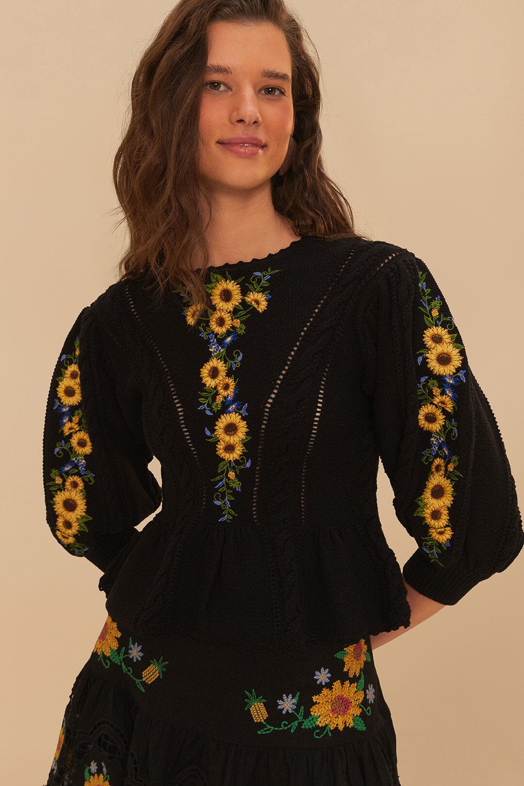 Floral Embroidered Black Knit Top
