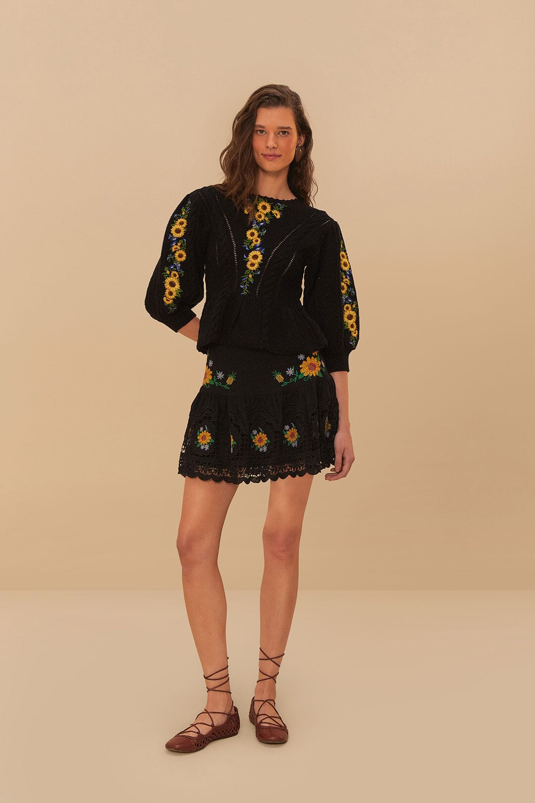 Floral Embroidered Black Knit Top