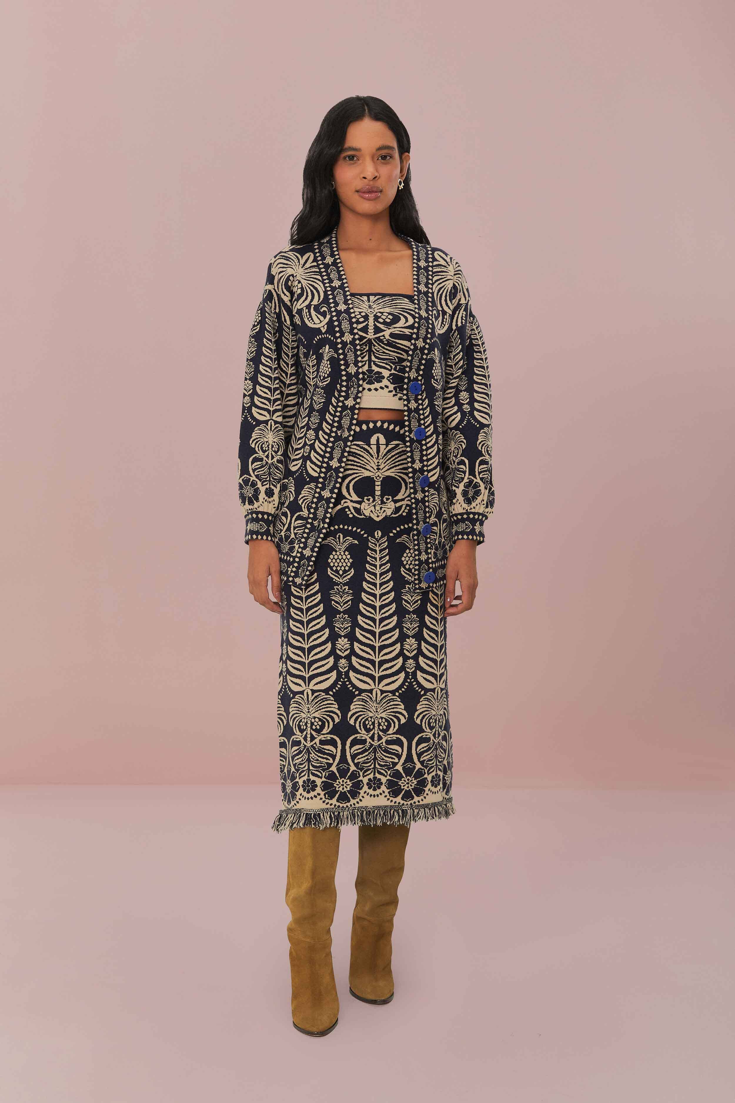 Ainika Navy Blue Tropical Knit Midi Skirt