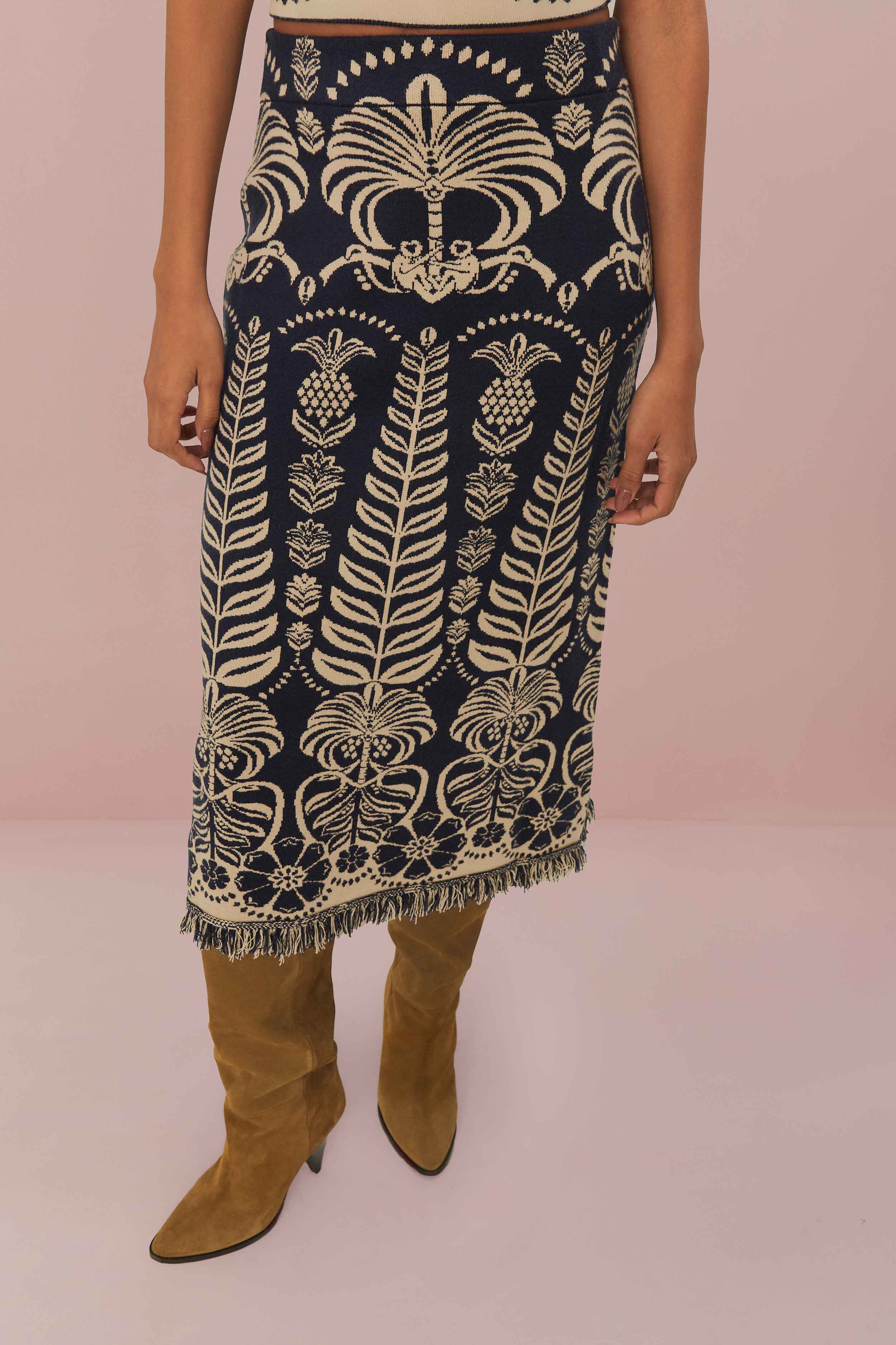 Ainika Navy Blue Tropical Knit Midi Skirt