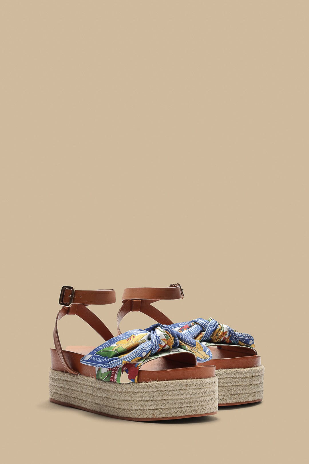 Camel Flatform Espadrille Sandals with Scarf Detail