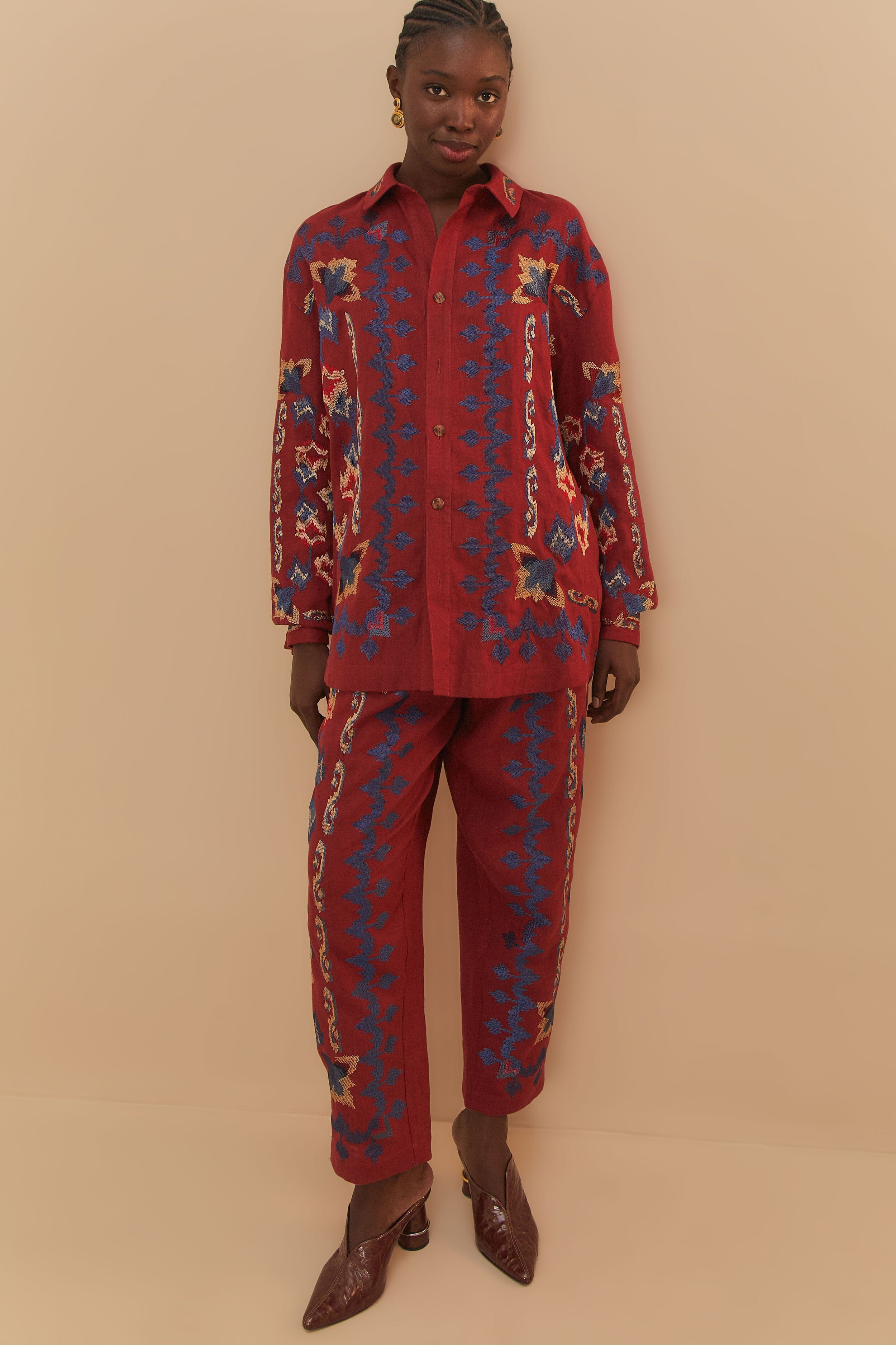 Floral Jacquard Pants with Embroidery Detail