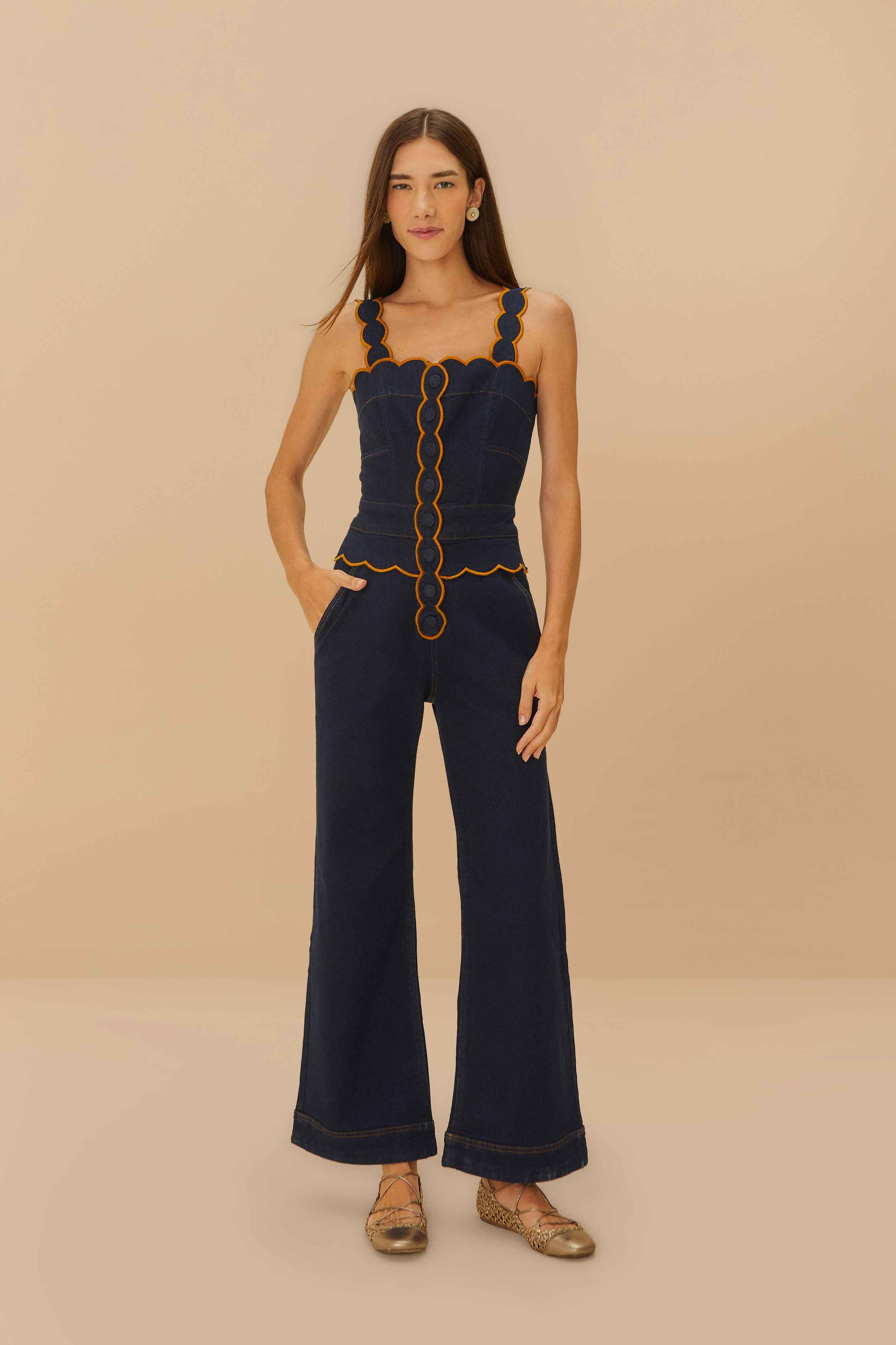 Stylish Dark Denim Jumpsuit with Wavy Trim