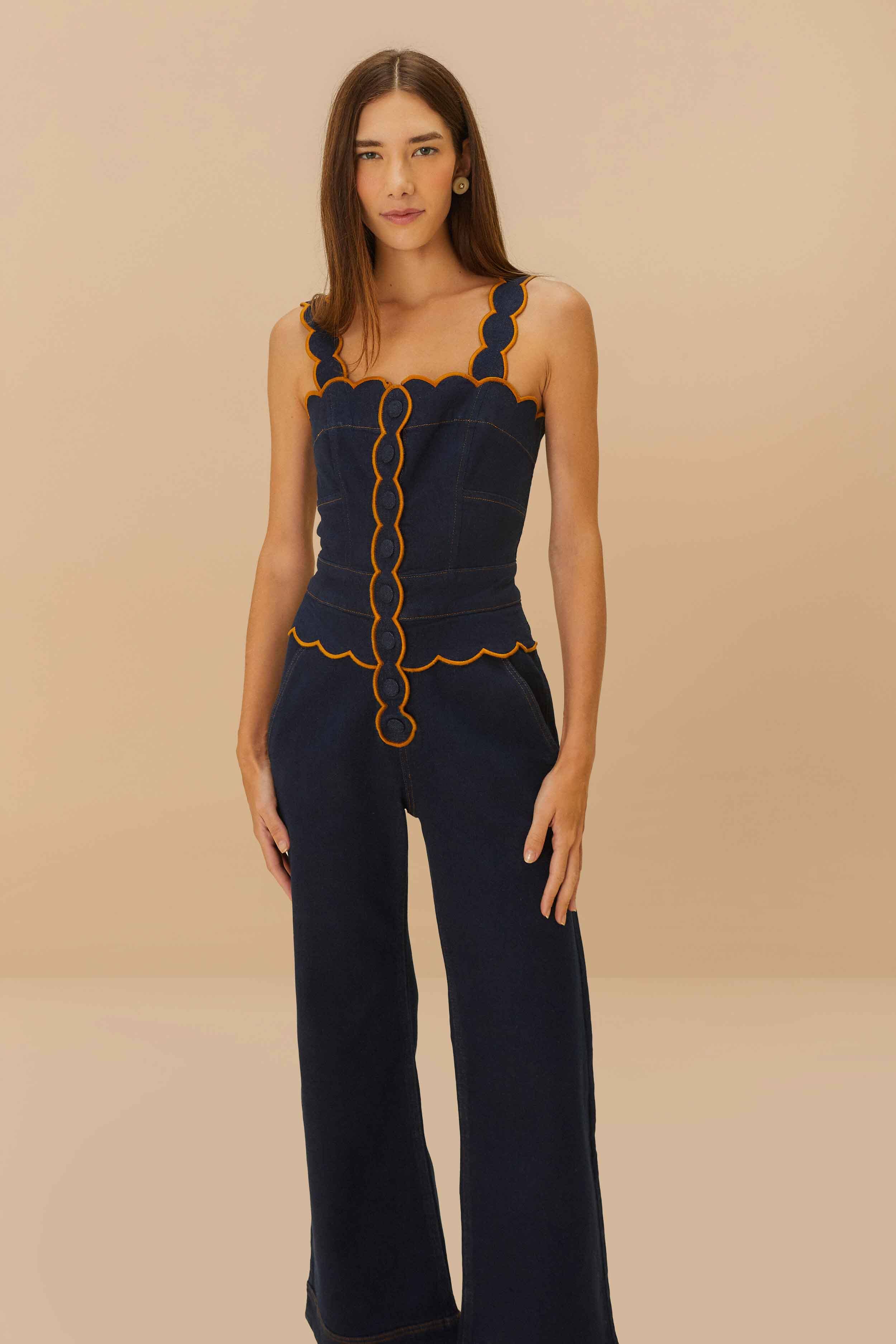 Stylish Dark Denim Jumpsuit with Wavy Trim