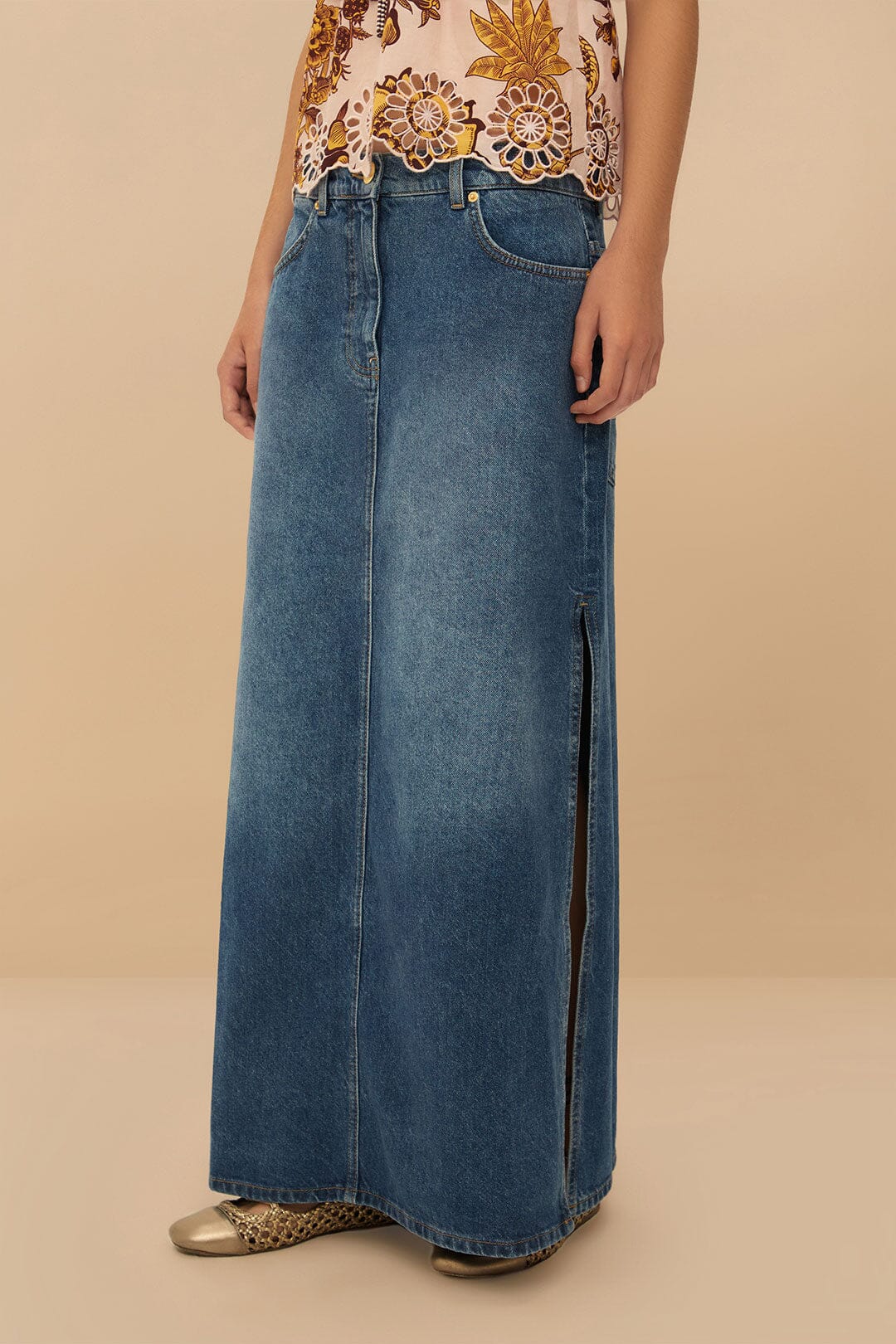 Stylish Side Slit Denim Maxi Skirt