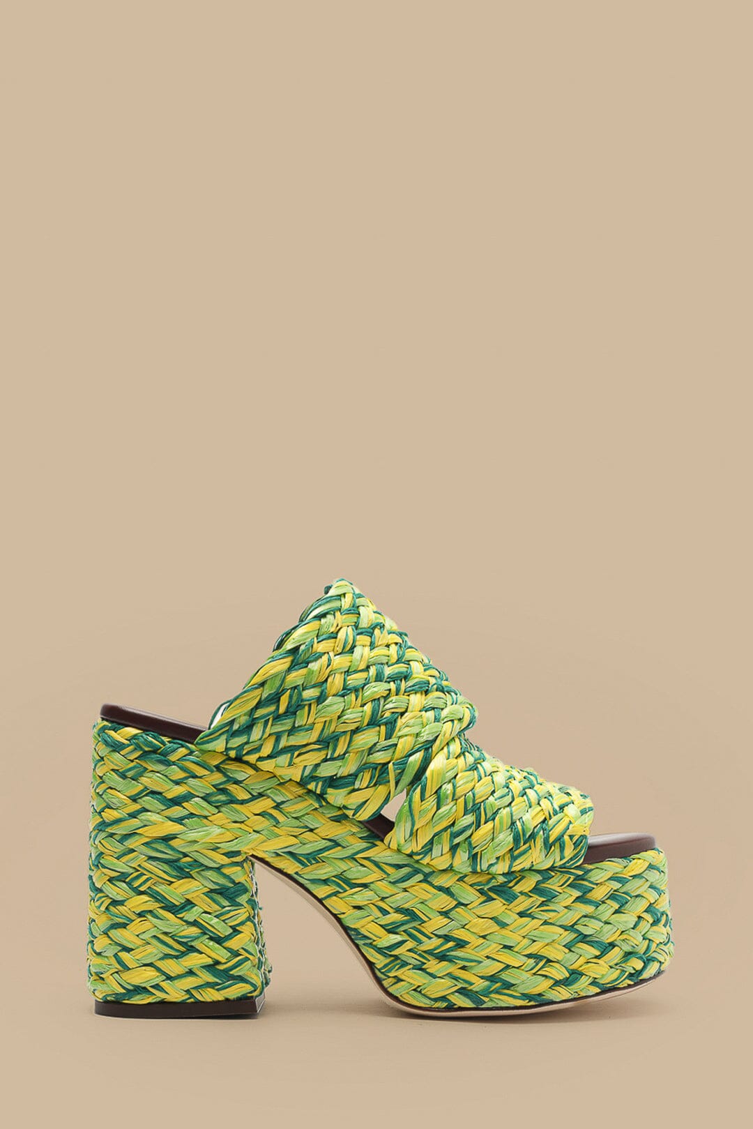 Braided Raffia Platform Sandals in Green & Yellow