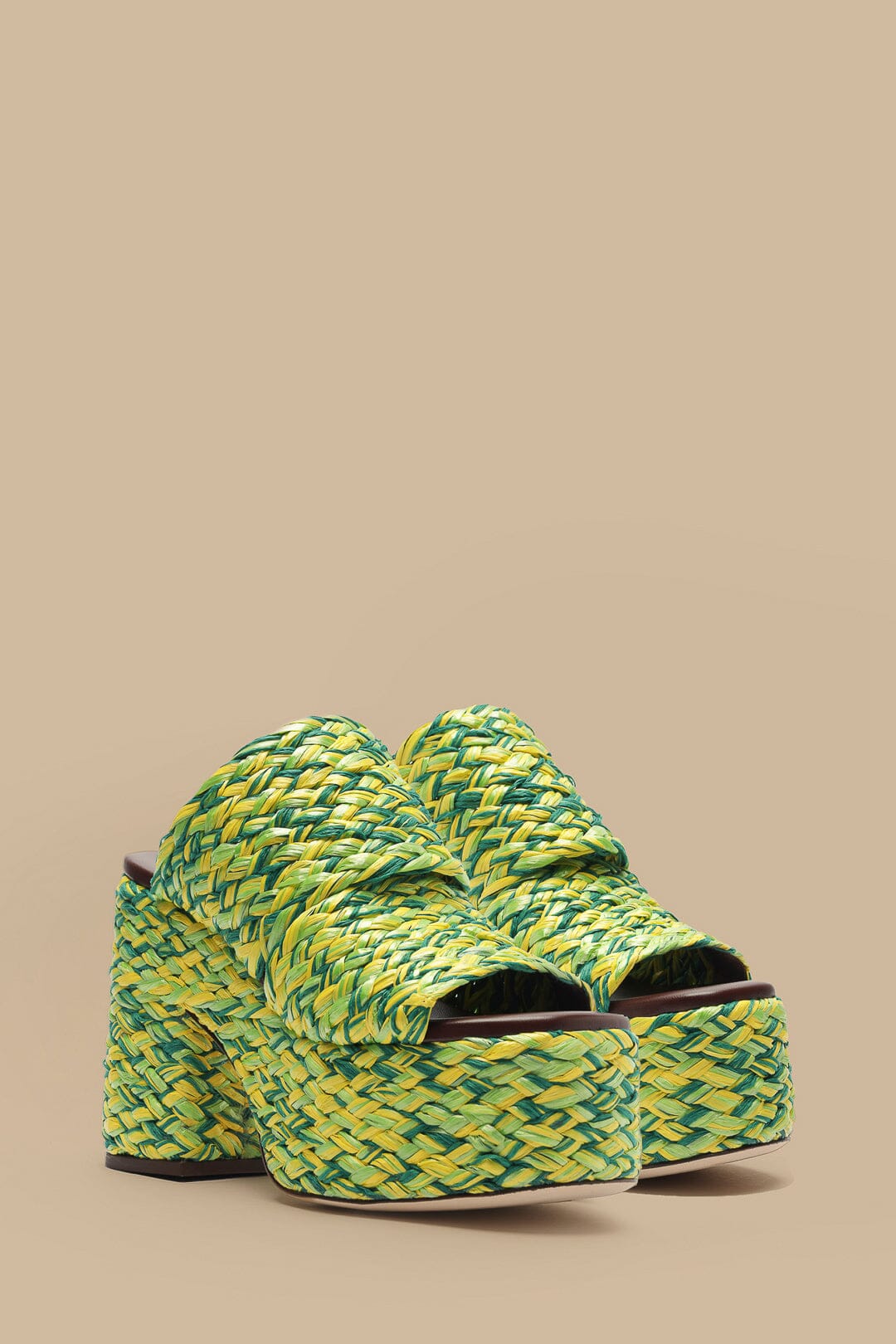 Braided Raffia Platform Sandals in Green & Yellow