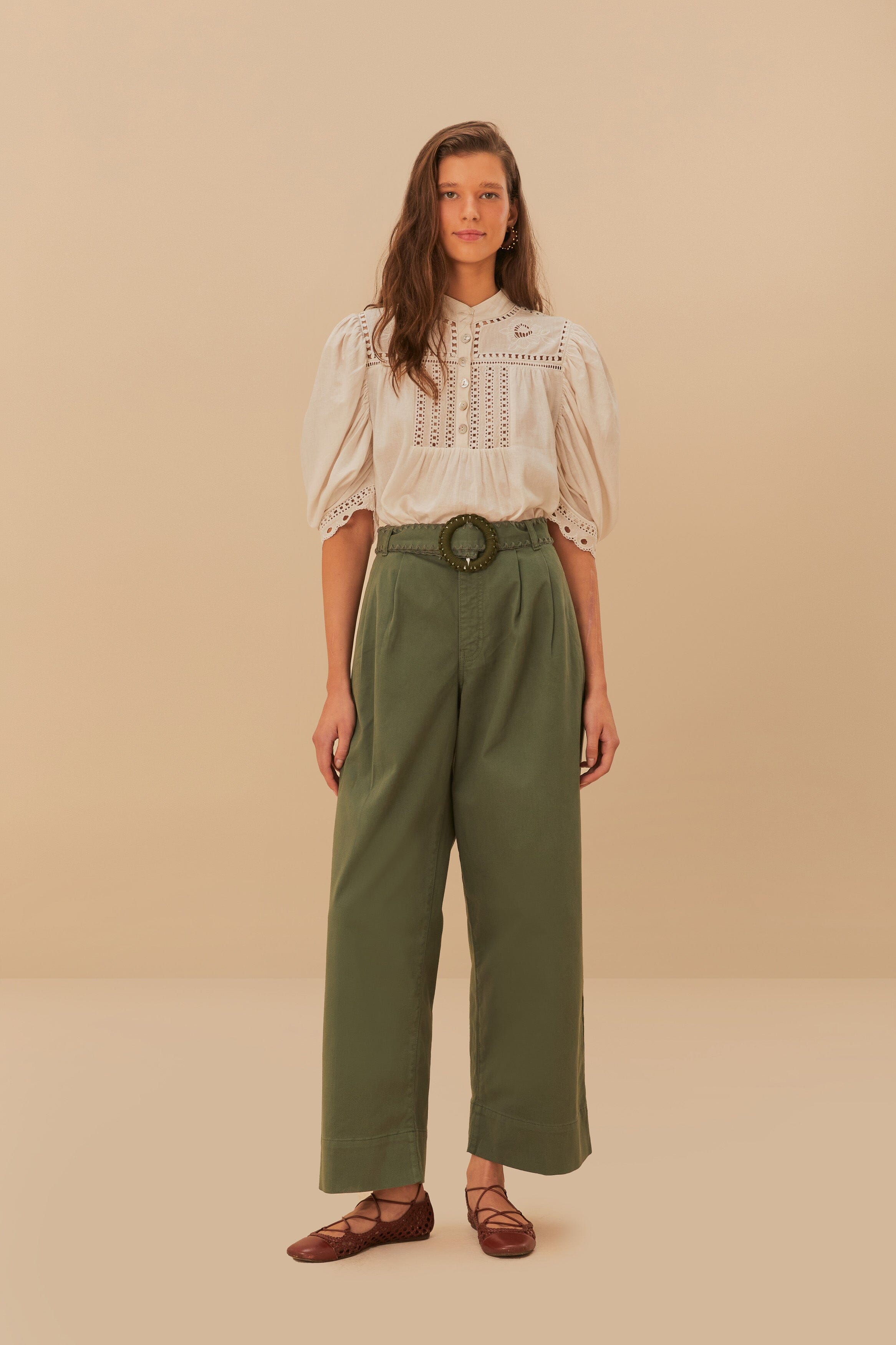 Stylish Pleated Green Twill Pants for Women