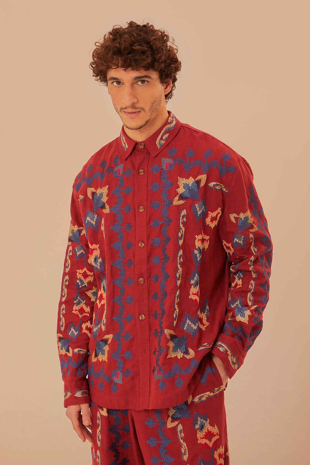Floral Embroidered Jacquard Shirt in Red