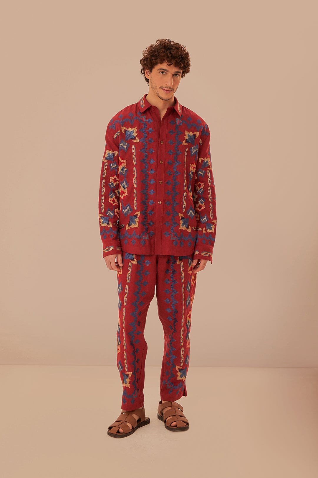 Floral Embroidered Jacquard Shirt in Red