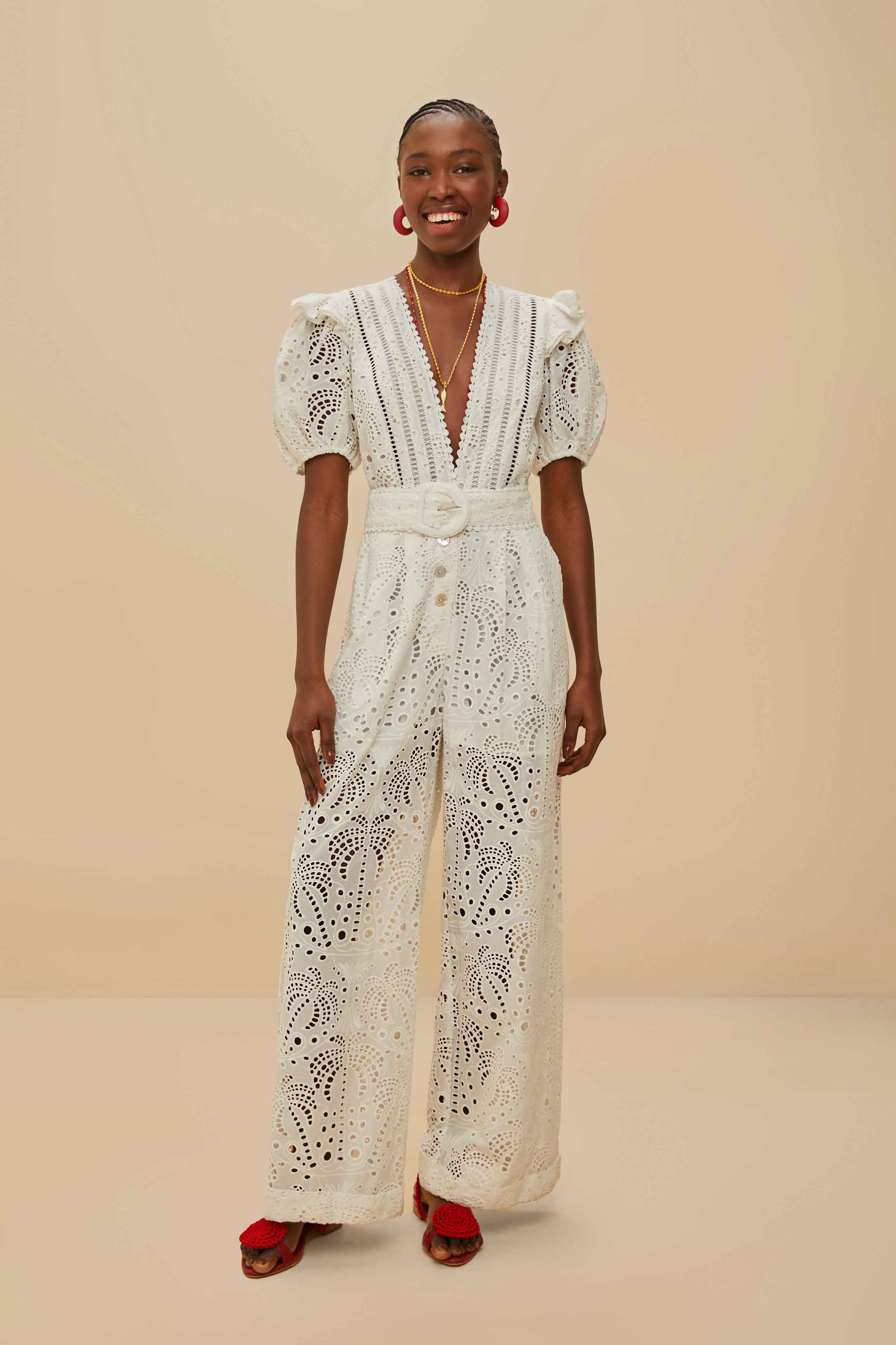 Off-White Palm Tree Jumpsuit with Eyelet Detail