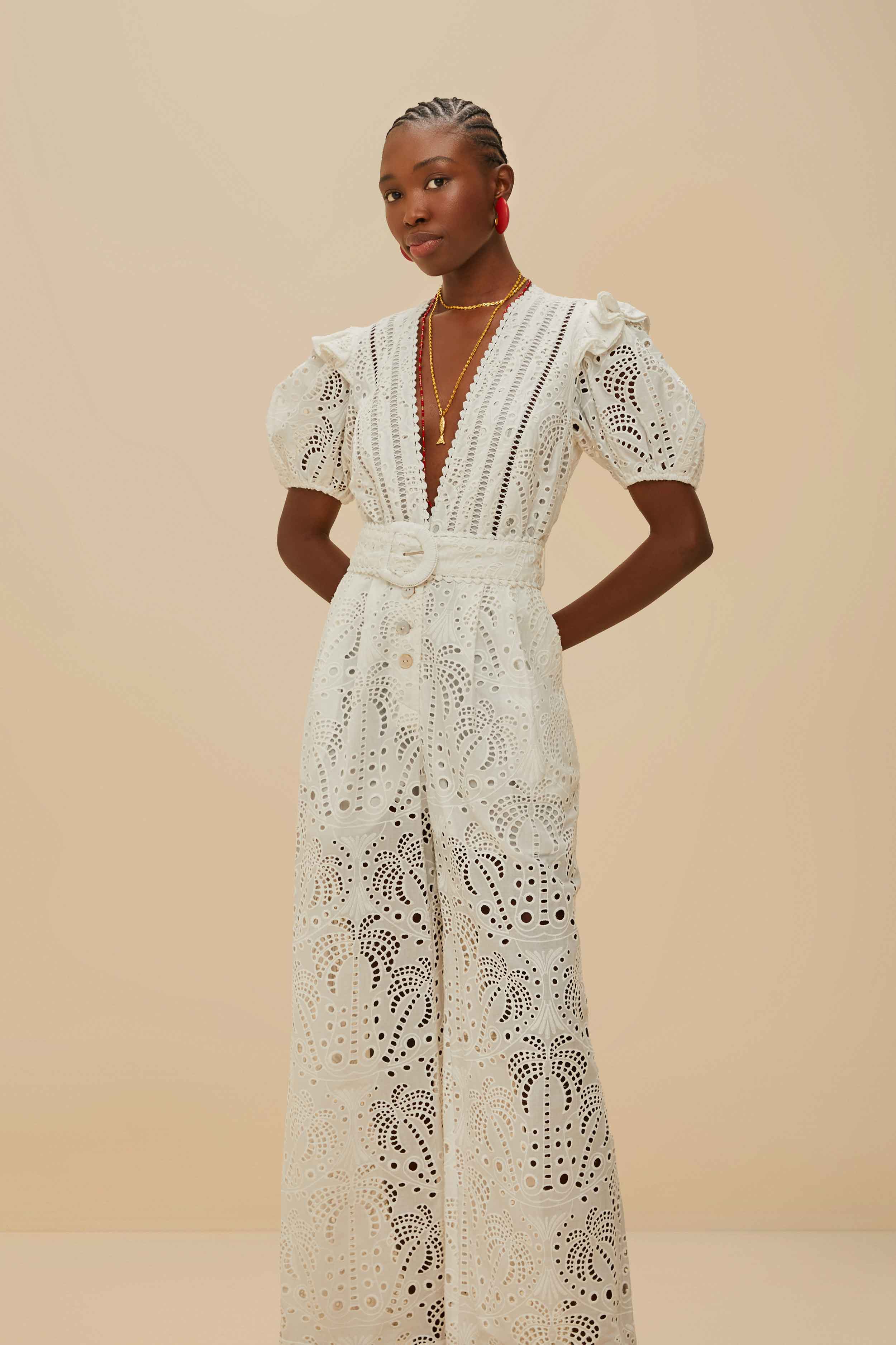 Off-White Palm Tree Jumpsuit with Eyelet Detail