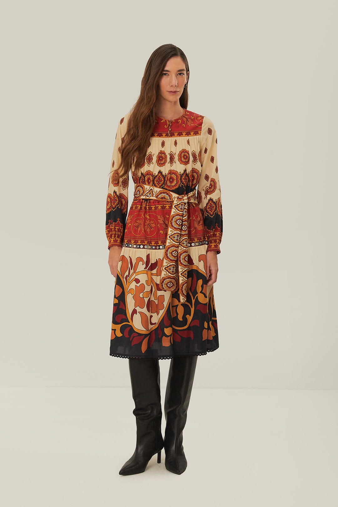 Ainika Cream Midi Dress with Tiles Design