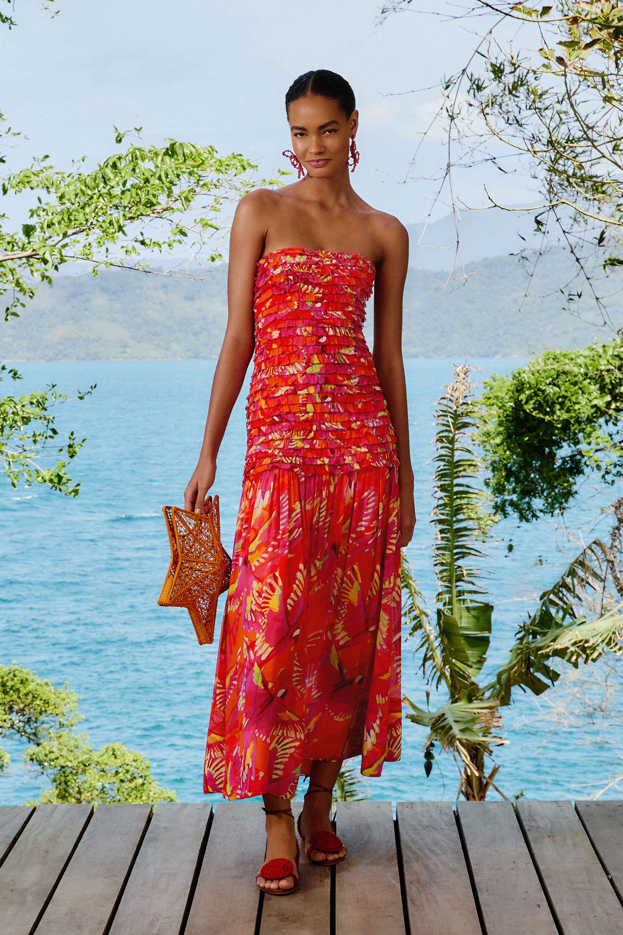 Orange Strapless Midi Dress with Bird Print