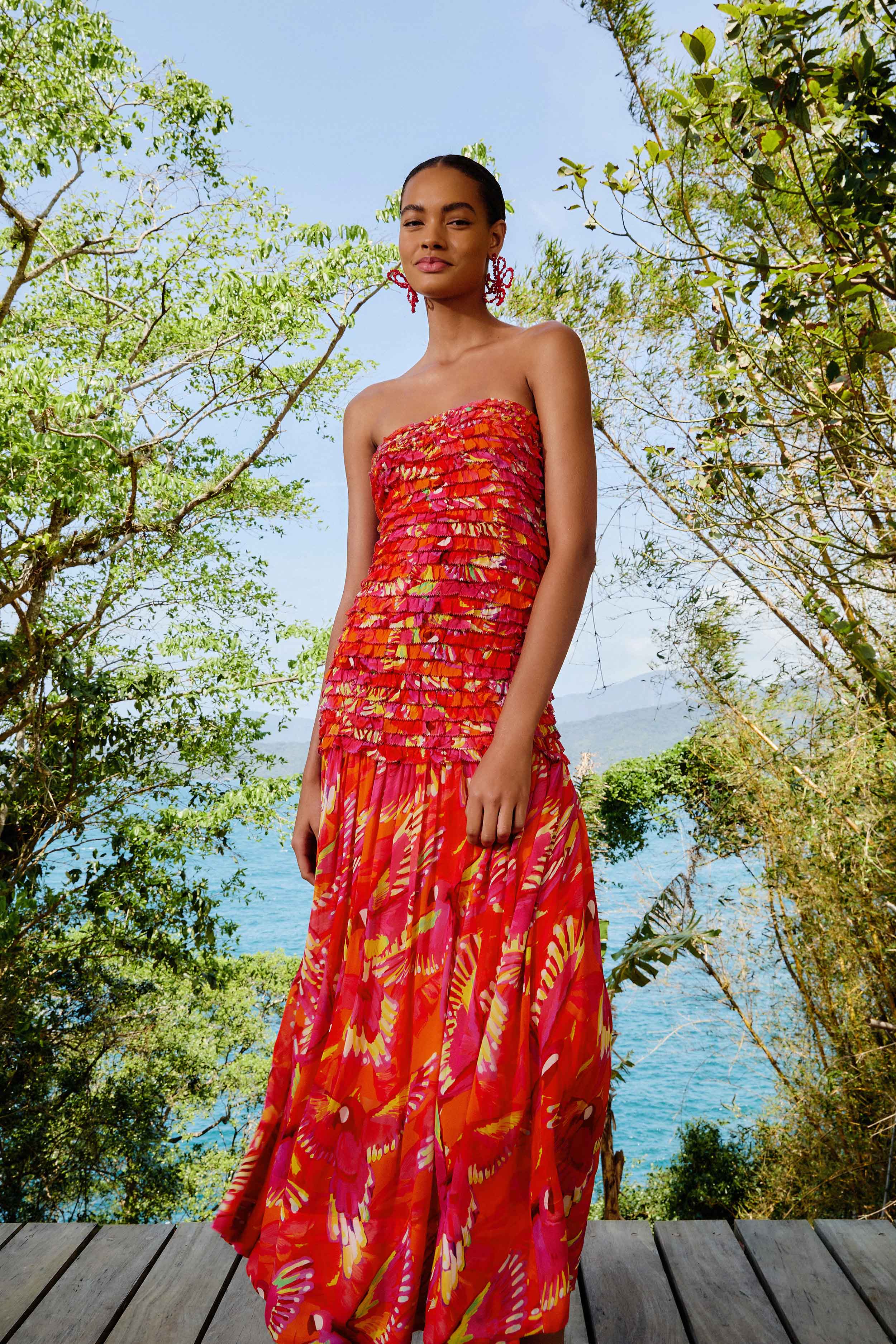 Orange Strapless Midi Dress with Bird Print