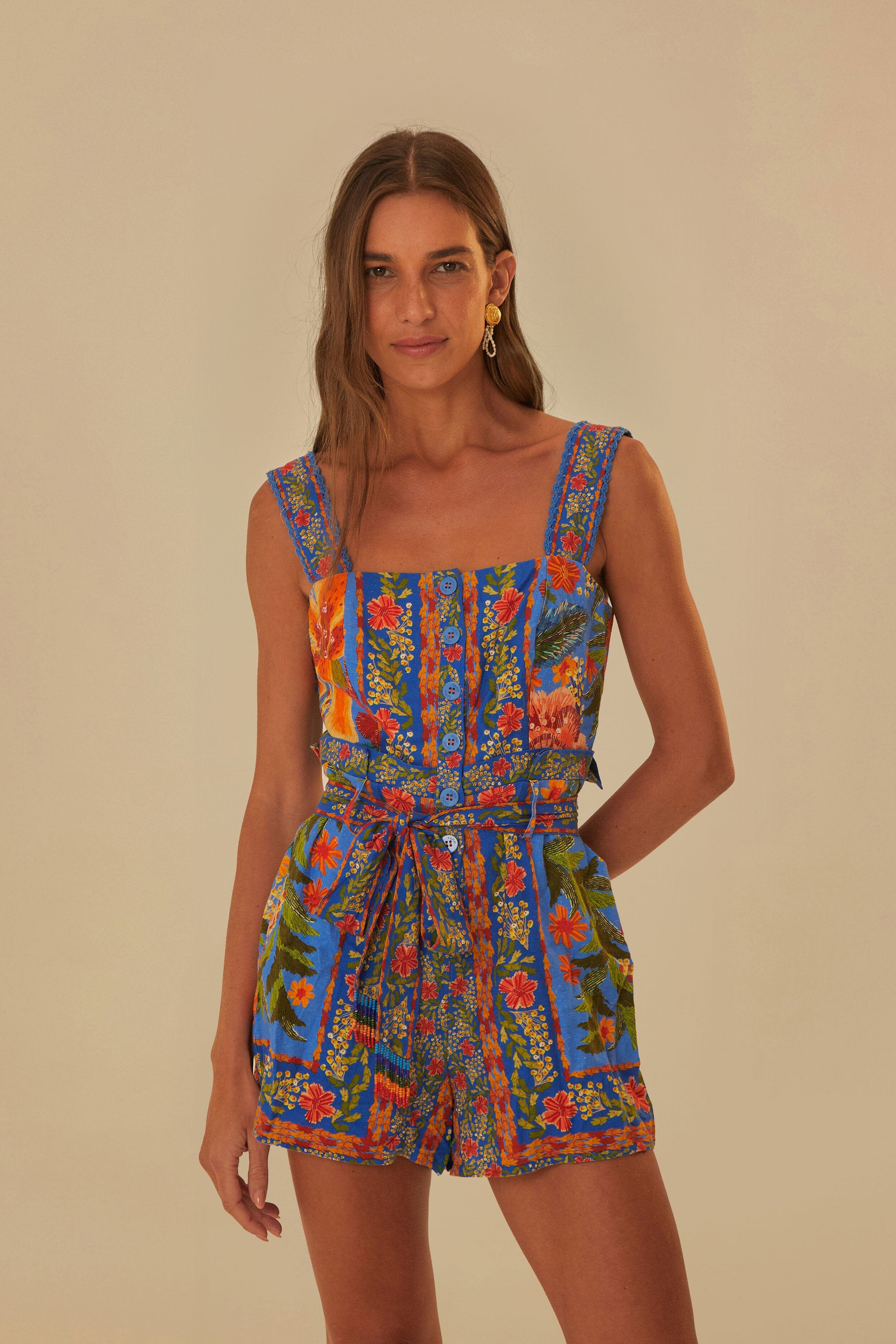 Blue Stitched Garden Romper for Women