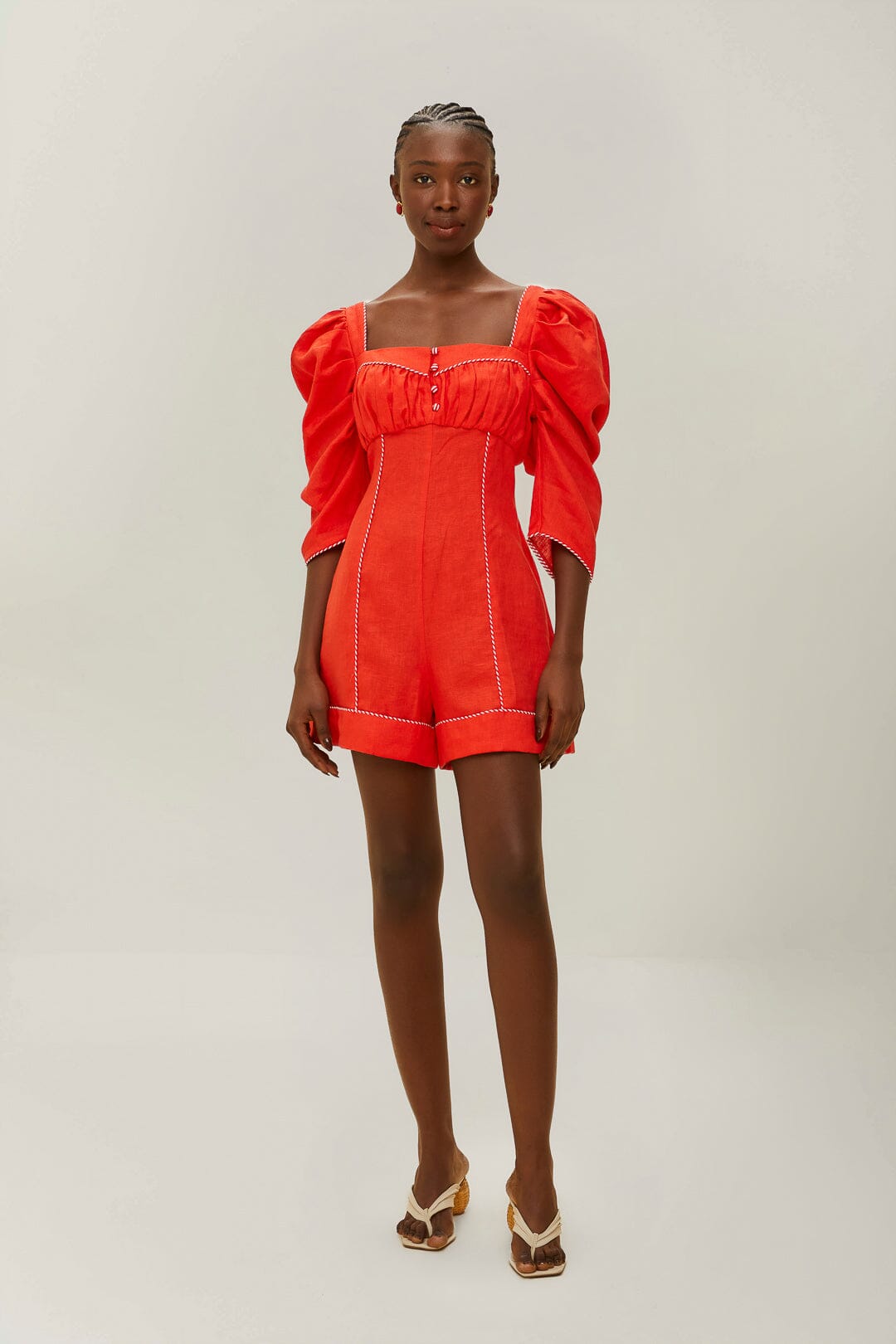 Stylish Red Romper with Puff Sleeves