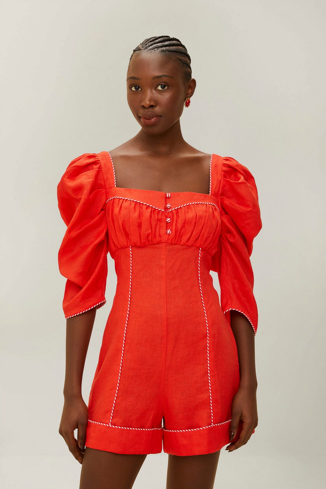 Stylish Red Romper with Puff Sleeves